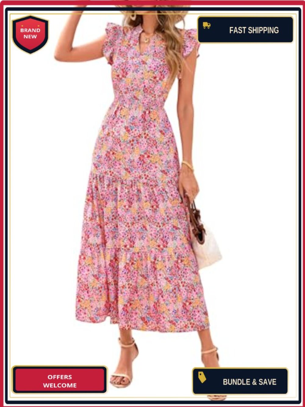 Boho Floral Flowy Midi Dress with Pockets | V-Neck Cap Sleeve Tiered Ruffle